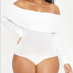 Plus White Mesh Bardot Ruched Sleeve Bodysuit